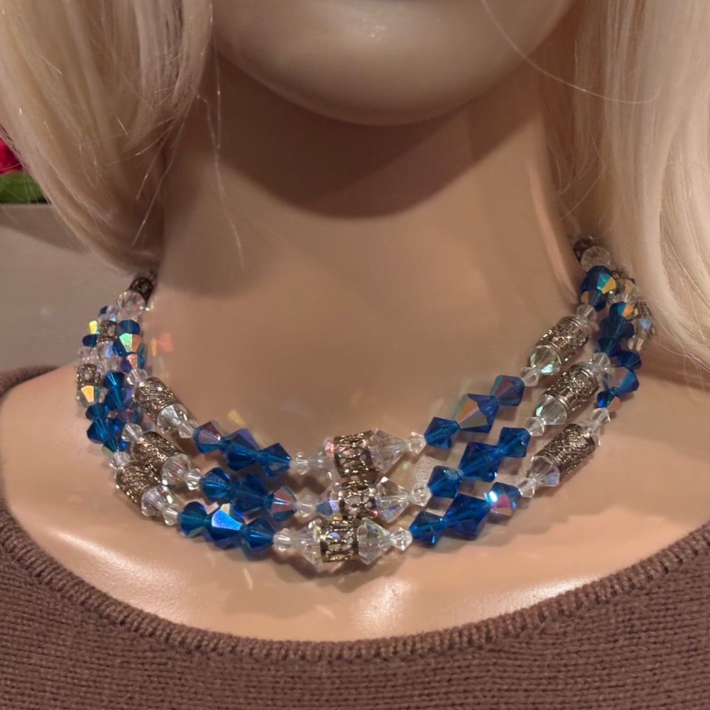 50s/60s Blue Crystal Bead Choker Necklace Triple Strand Aurora Borealis Glass